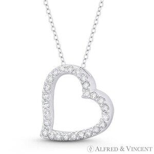 Sideways-Heart Charm CZ Crystal Pave Sliding Pendant in .925 Sterling Silver
